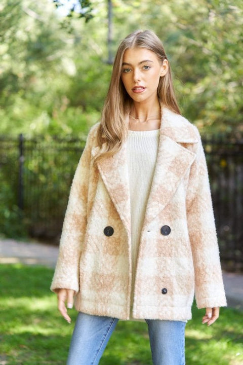 Fuzzy Boucle Textured Double Breasted Coat Jacket | S-XL