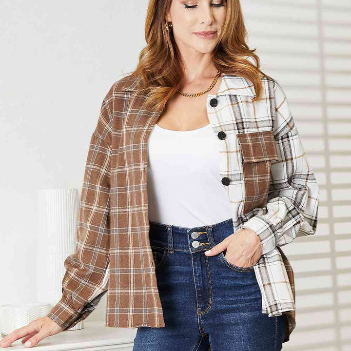 Double Take Plaid Contrast Button Up Shirt Jacket | S-2XL