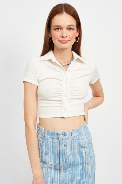 Button Up Collared Top with Shirring Detail | S-L