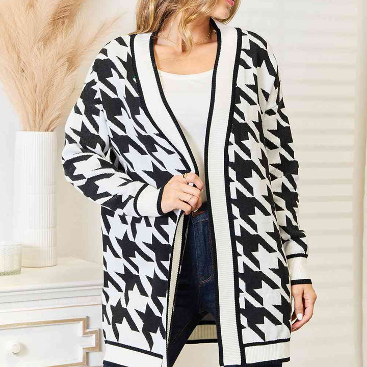 Woven Right Houndstooth Open Front Longline Cardigan | S-XL