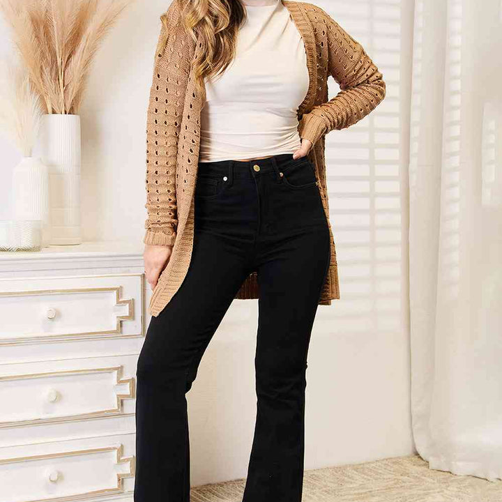 Woven Right Openwork Horizontal Ribbing Open Front Cardigan | S-XL