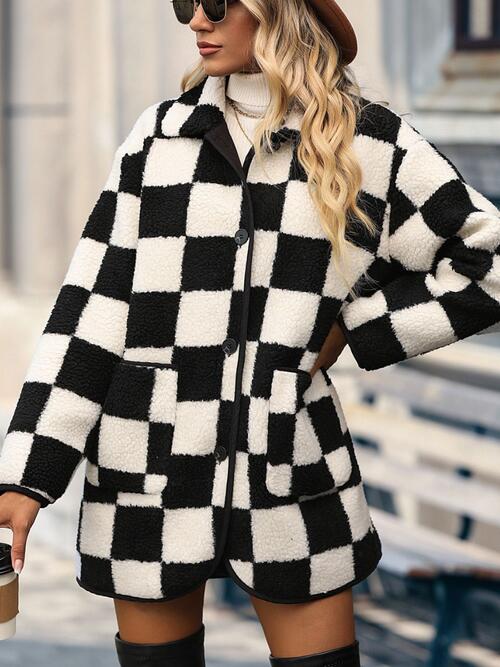 Double Take Full Size Checkered Button Front Coat with Pockets | S-3XL
