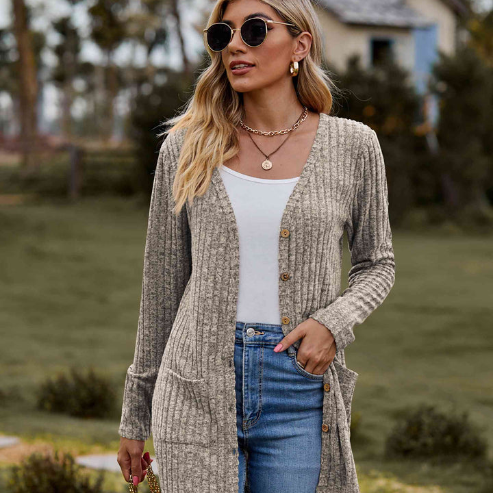 Double Take Ribbed Button-Up Cardigan with Pockets | S-2XL