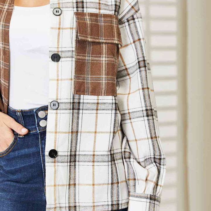 Double Take Plaid Contrast Button Up Shirt Jacket | S-2XL