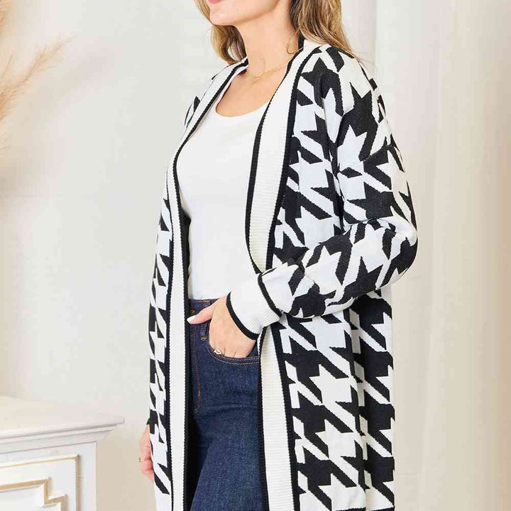 Woven Right Houndstooth Open Front Longline Cardigan | S-XL