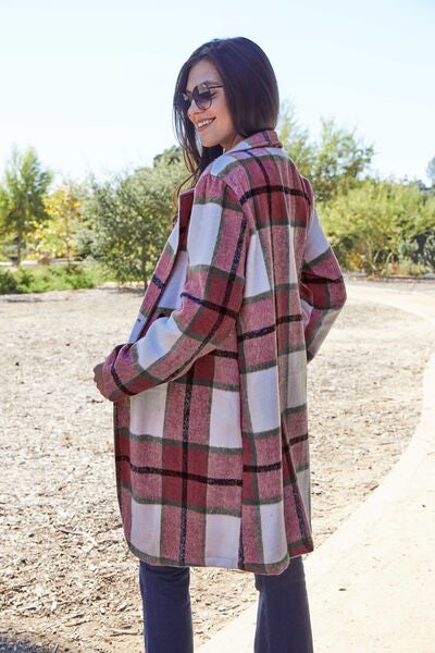Double Take Full Size Plaid Button Up Lapel Collar Coat | S-3XL
