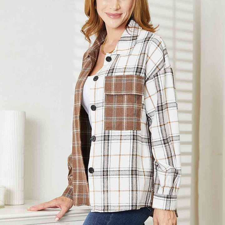 Double Take Plaid Contrast Button Up Shirt Jacket | S-2XL