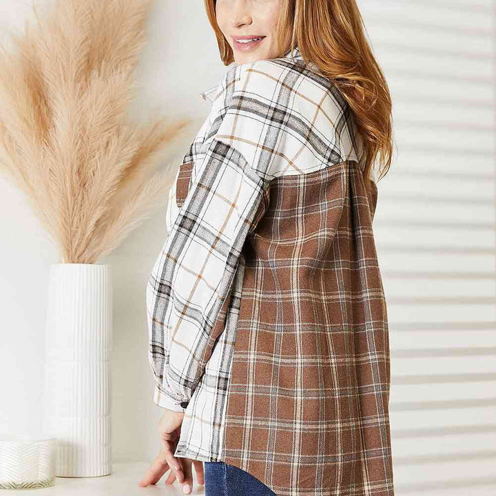 Double Take Plaid Contrast Button Up Shirt Jacket | S-2XL